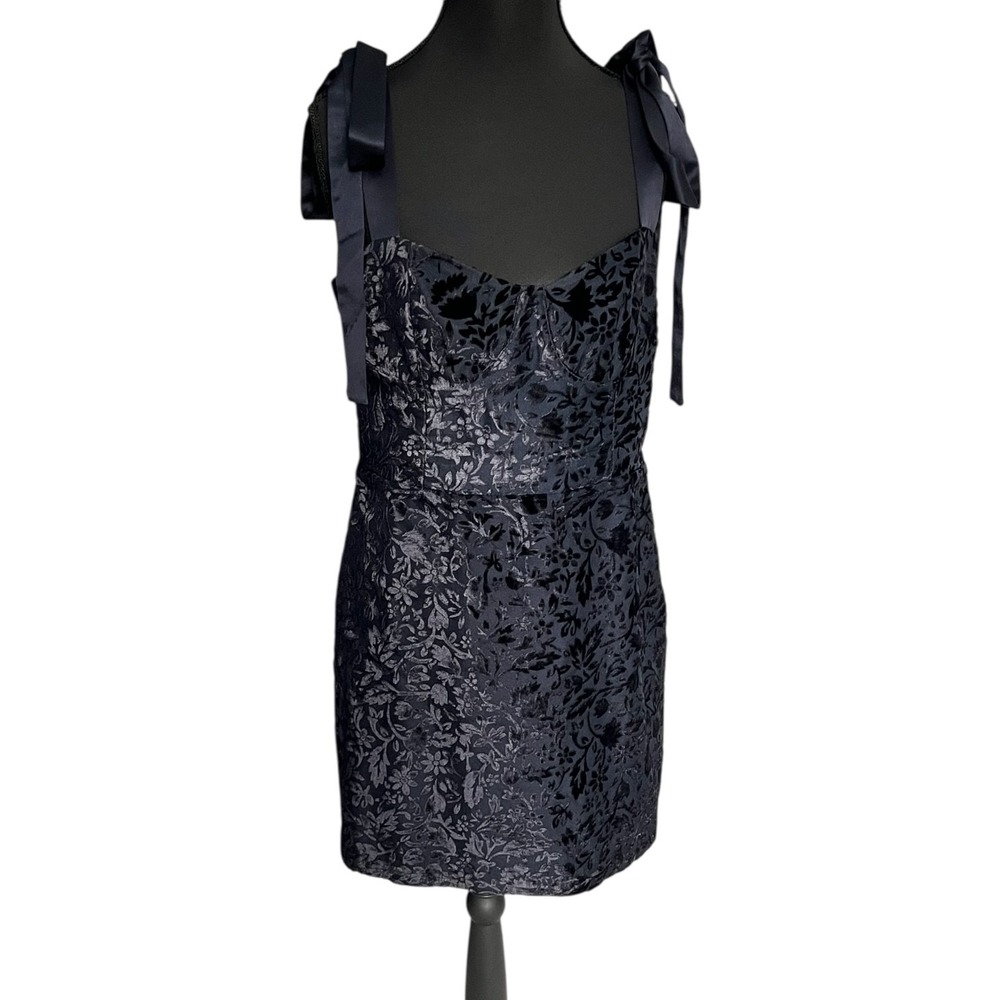 House of Harlow 1960 Navy B Floral Jacquard Sweetheart Tie Strap Evening Dress M - Picture 12 of 12